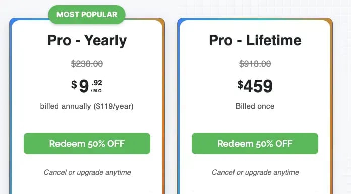 AlgoMonster Pro-Yearly and Pro-Lifetime pricing with 50% off sale applied