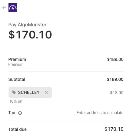 AlgoMonster Lifetime Access pricing with SCHELLEY promo code applied showing 10% discount