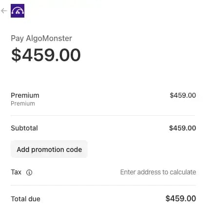 AlgoMonster Pro-Lifetime checkout page before applying promo code, showing $459.00
