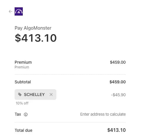 AlgoMonster Lifetime Access pricing with SCHELLEY promo code applied showing 10% discount